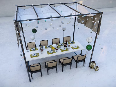 Outdoor Dining Table And Chairs Set With Transparent Canopy White Green Decorative Balls 3d model