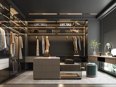 Modern Elegant Walk in Closet Interior With Hanging Clothes Shoes Cabinets And Decorative Island 3d model