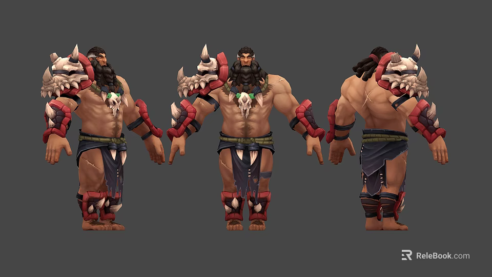 Muscular Man In Fantasy Warrior Attire With Bone Decorations From Different Angles 3d model 