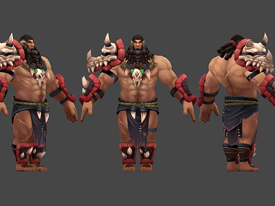 Muscular Man In Fantasy Warrior Attire With Bone Decorations From Different Angles 3d model