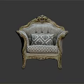 Luxurious Single Sofa With Golden Carved Frame Light Fabric And Geometric Pattern Pillow