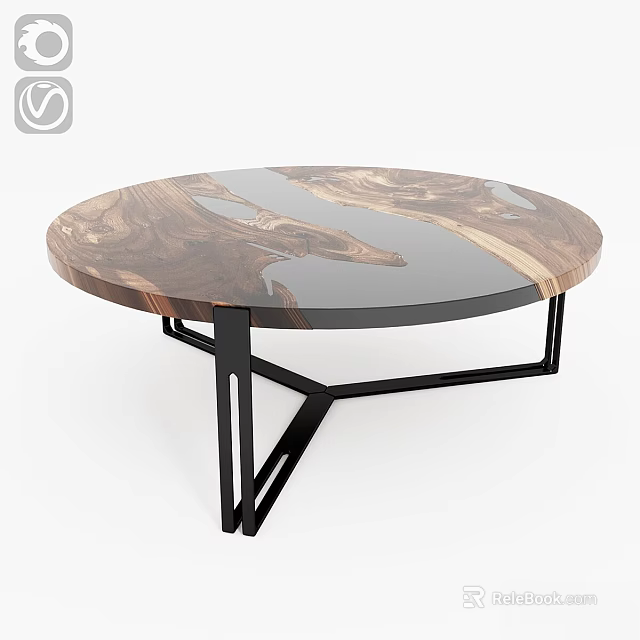 Modern Round Coffee Table With Wooden Glass Top Unique Grain And Black Metal Geometric Legs 3d model 