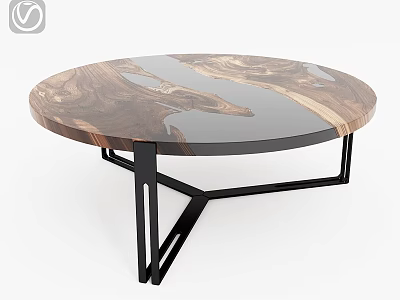 Modern Round Coffee Table With Wooden Glass Top Unique Grain And Black Metal Geometric Legs 3d model