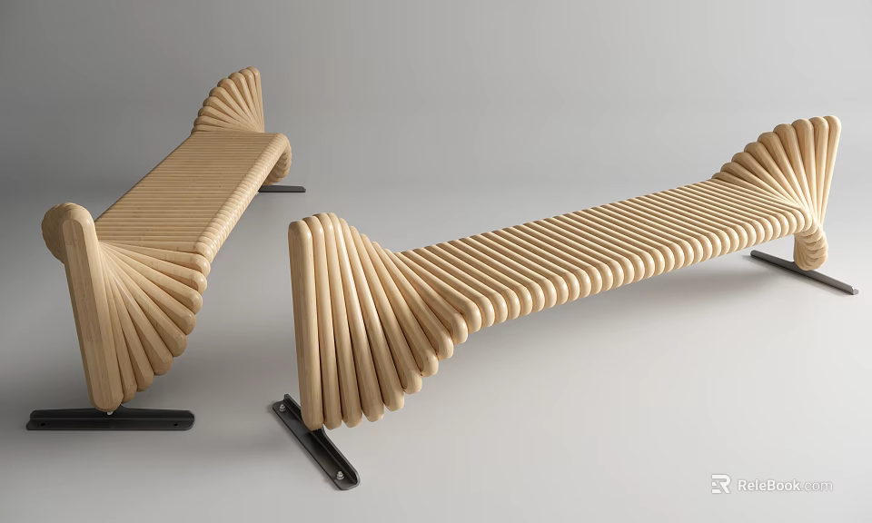 Unique Wooden Public Bench With Curved Slatted Structure And Metal Legs 3d model 