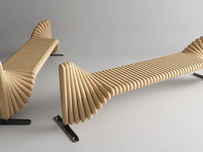 Unique Wooden Public Bench With Curved Slatted Structure And Metal Legs 3d model