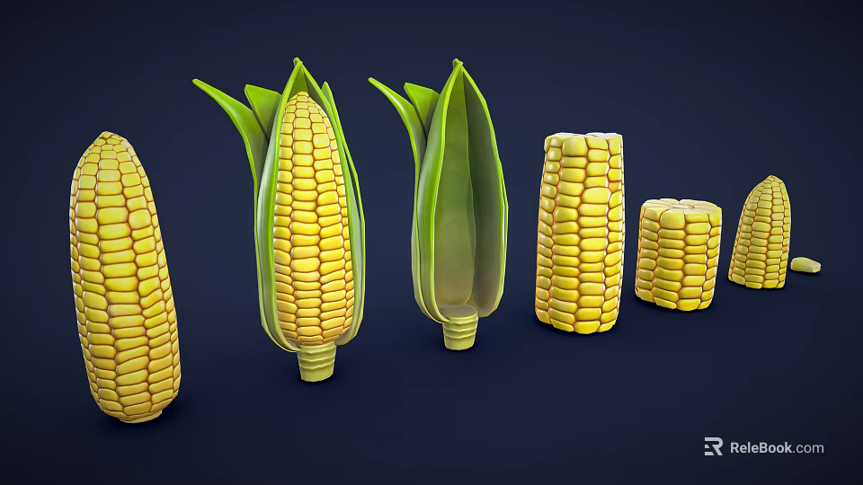 Fresh Corn Vegetables in Various Forms with Green Husks and Yellow Kernels Displayed 3d model 