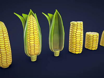 Fresh Corn Vegetables in Various Forms with Green Husks and Yellow Kernels Displayed 3d model