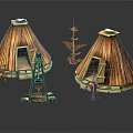 Two Cone Shaped Wooden Huts With Lantern Small Tree And Stones 3d model