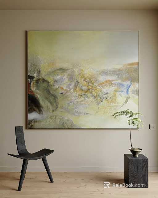 Abstract Painting With Yellow Gray Blue Hues Hanging On Beige Wall Near Black Chair Green Plant 3d model 