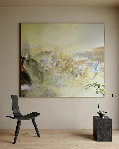 Abstract Painting With Yellow Gray Blue Hues Hanging On Beige Wall Near Black Chair Green Plant 3d model