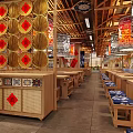 Traditional Chinese Hotpot Restaurant Interior With Wooden Tables Red Lanterns And Bamboo Decorations