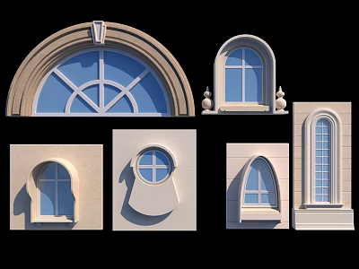 Various Different Style Windows With Arch Round And Rectangular Frame Designs 3d model