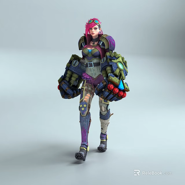 3D Pink Haired Female Character In Mechanical Armor With Red Blue Gear And Purple Accents 3d model