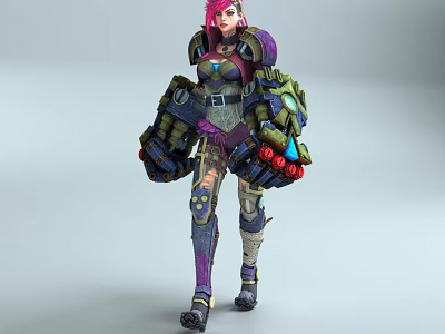3D Pink Haired Female Character In Mechanical Armor With Red Blue Gear And Purple Accents 3d model