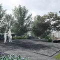 Tranquil Garden Landscape With Trees Purple Flowers Lawn Stone Path And Sculptures