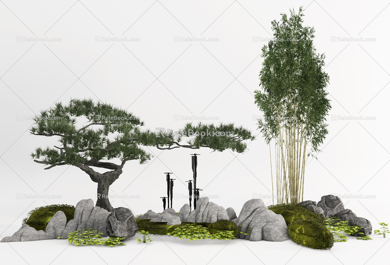 New Chinese style landscape sketch courtyard sketch landscape pine bamboo stone model