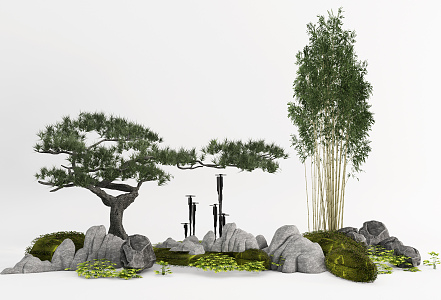 New Chinese style landscape sketch courtyard sketch landscape pine bamboo stone 3d model