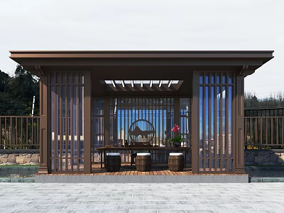 Traditional Garden Pavilion With Wooden Railings Stone Pavement And Scenic Mountain View Seating Area 3d model