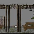 Courtyard Garden With Wooden Pergola Hanging Lanterns Picnic Tables Green Plants And Stone Paved Floor