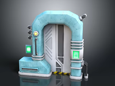 Futuristic Light Blue Door Furniture With Mechanical Design Green Screens And Warning Stripes 3d model