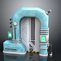 Futuristic Light Blue Door Furniture With Mechanical Design Green Screens And Warning Stripes