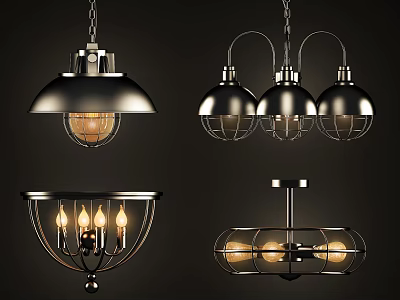 Metal Chandeliers In Various Designs With Vintage Bulbs Cage Frames And Shades 3d model