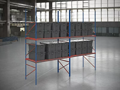 Industrial Shelving With Metal Frame Multiple Levels And Gray Storage Containers In Warehouse 3d model
