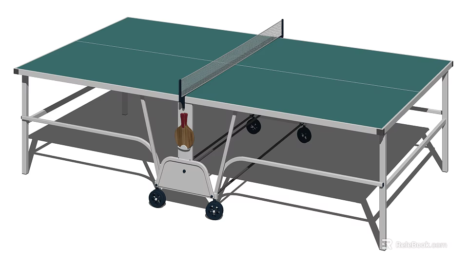 Portable Table Tennis Table With Green Tabletop Attached Net And Wheeled Stand 3d model