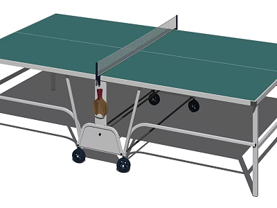 Portable Table Tennis Table With Green Tabletop Attached Net And Wheeled Stand 3d model