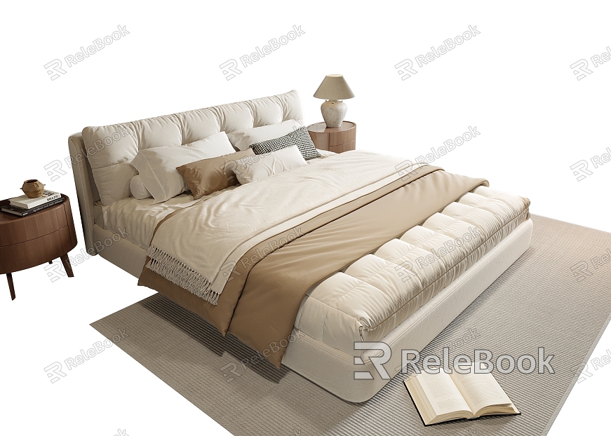 Cream wind double bed bedside table carpet bedding model