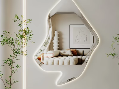 Unique Shaped Mirror With LED Light Reflecting Modern Living Room Sofa Artwork And Plants 3d model