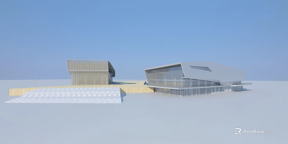 Modern Architectural Exterior With Two Buildings Different Designs Glass Elements And Blue Sky 3d model 