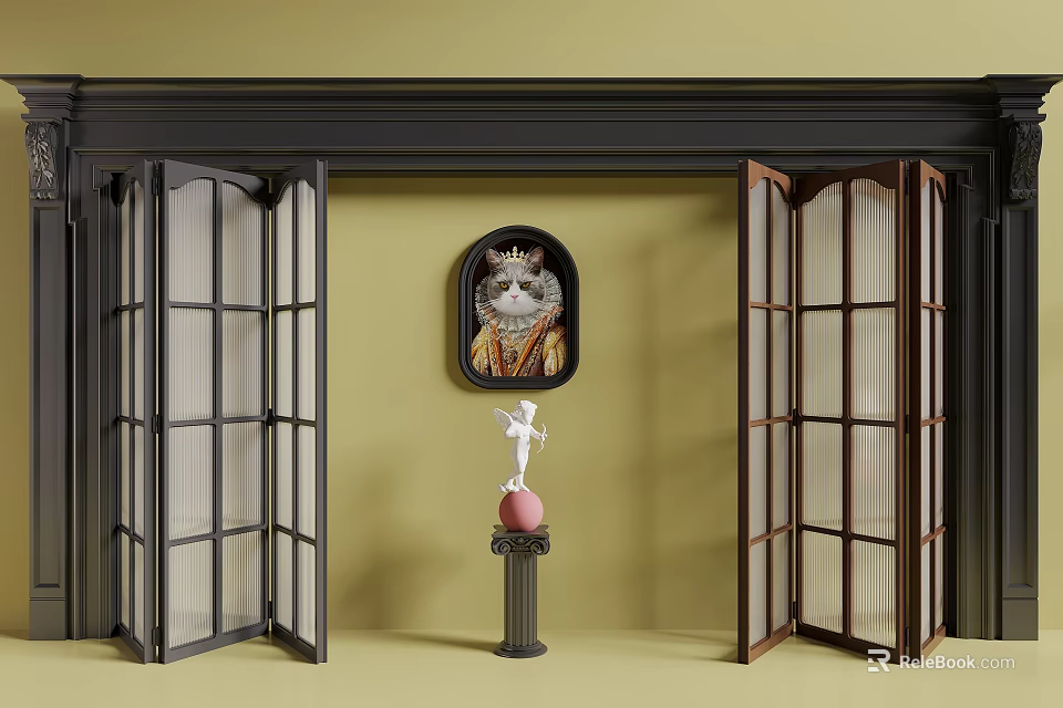 Open Folding Doors in Interior With Yellow Wall and Cat Decorative Painting 3d model 