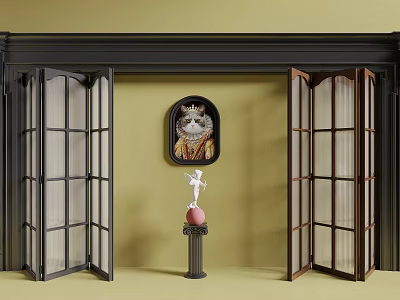Open Folding Doors in Interior With Yellow Wall and Cat Decorative Painting 3d model