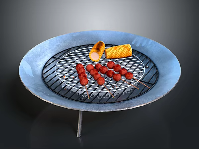 Round Metal Outdoor Grill With Skewered Sausages And Corn On Rack 3d model