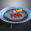 Round Metal Outdoor Grill With Skewered Sausages And Corn On Rack