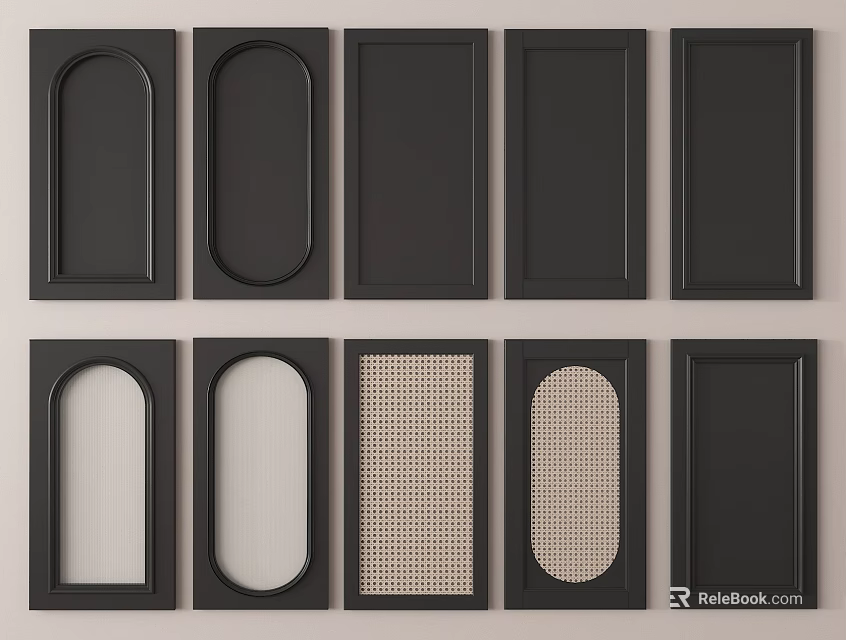 Cabinet Door Components With Various Designs Black Frames Arched Oval Rectangular And Grid Panels 3d model