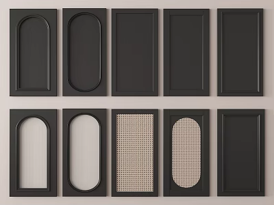 Cabinet Door Components With Various Designs Black Frames Arched Oval Rectangular And Grid Panels 3d model
