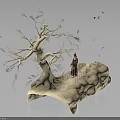 Woman In Traditional Clothing Standing By White Tree With Falling Leaves And Dark Background