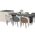 Modern Dining Table Set with Various Colored Chairs Side White Cabinet and Tabletop Decorations 3d model