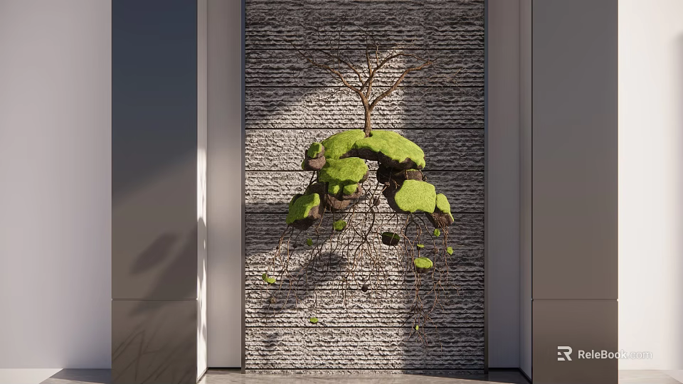Modern Indoor Landscape Design Featuring Textured Wall And Hanging Plant Installation With Green Leaves 3d model 