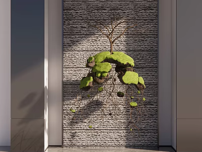 Modern Indoor Landscape Design Featuring Textured Wall And Hanging Plant Installation With Green Leaves 3d model