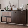Modern Dark Wood Entryway Cabinet Sideboard With Decorative Vase Dried Flowers Bust Hanging Lantern Light