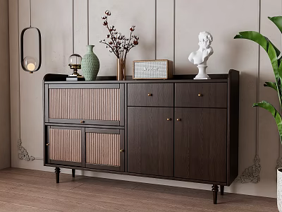 Modern Dark Wood Entryway Cabinet Sideboard With Decorative Vase Dried Flowers Bust Hanging Lantern Light 3d model