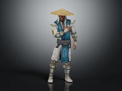 Martial Arts Warrior In Traditional Blue White Outfit With Straw Hat And Armor Details 3d model