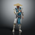 Martial Arts Warrior In Traditional Blue White Outfit With Straw Hat And Armor Details
