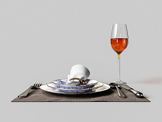 Modern Tableware Knife and Fork Plate Tableware Red Wine Glass 3d model