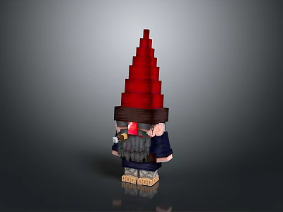 Pixel Style Gnome Character With Red Pointed Hat Black Beard And Blue Outfit 3d model