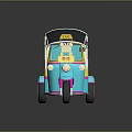 Colorful Three Wheeled Motorcycle Taxi With Canopy And Colorful Flags Bright Blue Yellow Pink Design