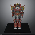 Red And Yellow Detailed Robot Model Standing On Black Base With Mechanical Design